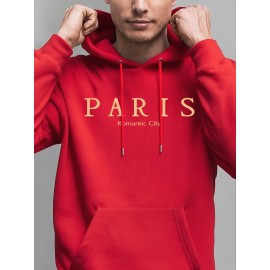 Men'S Oversized Hooded Sweatshirt with Paris Graphic Print & Kangaroo Pocket - Casual Streetwear Pullover, Drawstring Hood, Soft Comfortable Fabric, Round Neck Long Sleeve for Daily Wear, Outdoor Activities & Sports Style - Grey with Orange Lettering (No Belt, Regular Fit), Sudadera De Hombre, Hoodie For Men, Men Hoodie