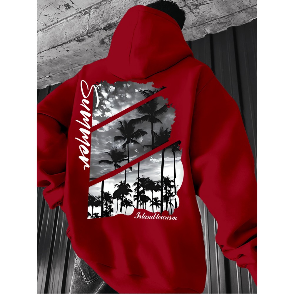 Men's Red Hoodie with Back Print Palm Tree & Cloud Sky Design, Diagonal Red Stripe Sunset Text - Warm Long Sleeve Pullover, Casual Sweatshirt for Fall/Winter, Regular Fit for islandleisurecom to style
