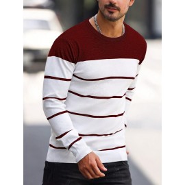 Men's Casual Striped Knit Pullover Sweater - Navy & White Contrast, Regular Fit H-Silhouette, Long Sleeve Crew Neck, Medium Stretch, Machine Washable for Spring & Fall, Medium-Stretch Fabric, Knit Sweater, Seasonal Clothing, Ribbed Detailing, Durable Construction, Versatile Top, Streetwear Style