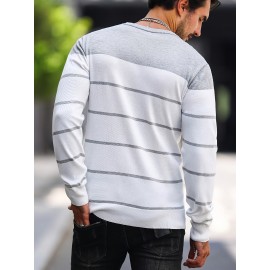 Men's Casual Striped Knit Pullover Sweater - Navy & White Contrast, Regular Fit H-Silhouette, Long Sleeve Crew Neck, Medium Stretch, Machine Washable for Spring & Fall, Medium-Stretch Fabric, Knit Sweater, Seasonal Clothing, Ribbed Detailing, Durable Construction, Versatile Top, Streetwear Style