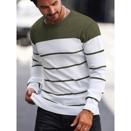 Men's Casual Striped Knit Pullover Sweater - Navy & White Contrast, Regular Fit H-Silhouette, Long Sleeve Crew Neck, Medium Stretch, Machine Washable for Spring & Fall, Medium-Stretch Fabric, Knit Sweater, Seasonal Clothing, Ribbed Detailing, Durable Construction, Versatile Top, Streetwear Style