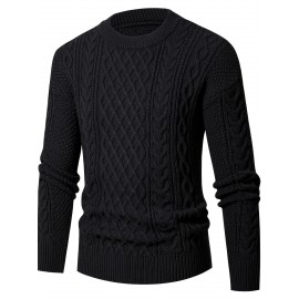 Men's Thickened Warm Slim-Fit Red Cable-Knit Sweater - Soft Light Beige-Friendly Long Sleeve Round Neck Winter Sweater for Business Casual & Casual Attire, Durable Cozy Knit Pullover with Twisted Grid Pattern, Versatile Layering Piece (Hand Washable) - Ideal for Office & Semi-Formal Events, Autumn & Winter Fashion in Vibrant Red with Ribbed Cuffs and Hem, Comfortable and Stylish for Casual Formal Outfits