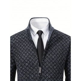 Men's Slim-Fit Thick Winter Knit Jacket with Stand Collar & Plaid Pattern - Warm Coat for Cold Weather, Casual Outerwear for Office or Everyday Use, Layering Piece under Suit Coats (Novelty Category)