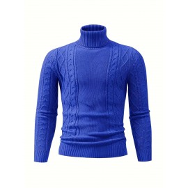 Men's Mustard Yellow High Neck Cable-Knit Sweater - Soft Stretchy Mid-Weight Pullover, Regular Fit Casual & Formal Wear, Hand Wash Only, Classic Comfort for Everyday, Pullover Style, Ribbed Cuffs