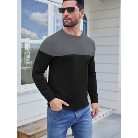Men'S Casual Long Sleeve Crew Neck Sweater - & Grey Color Block Design, Soft Stretchy Fabric, Regular Fit, Spring/Fall Essential for Casual Attire, Knit, Spring Fall Clothing, Classic Knitwear, Comfortable Knitwear