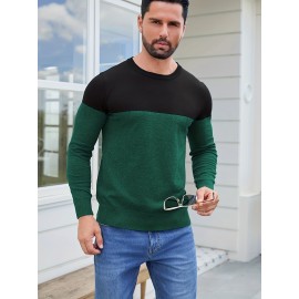 Men'S Casual Long Sleeve Crew Neck Sweater - & Grey Color Block Design, Soft Stretchy Fabric, Regular Fit, Spring/Fall Essential for Casual Attire, Knit, Spring Fall Clothing, Classic Knitwear, Comfortable Knitwear