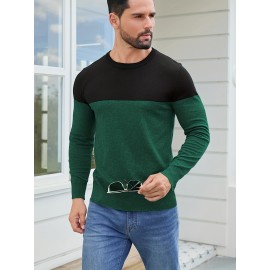 Men'S Casual Long Sleeve Crew Neck Sweater - & Grey Color Block Design, Soft Stretchy Fabric, Regular Fit, Spring/Fall Essential for Casual Attire, Knit, Spring Fall Clothing, Classic Knitwear, Comfortable Knitwear