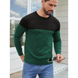 Men'S Casual Long Sleeve Crew Neck Sweater - & Grey Color Block Design, Soft Stretchy Fabric, Regular Fit, Spring/Fall Essential for Casual Attire, Knit, Spring Fall Clothing, Classic Knitwear, Comfortable Knitwear
