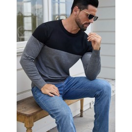 Men'S Casual Long Sleeve Crew Neck Sweater - & Grey Color Block Design, Soft Stretchy Fabric, Regular Fit, Spring/Fall Essential for Casual Attire, Knit, Spring Fall Clothing, Classic Knitwear, Comfortable Knitwear