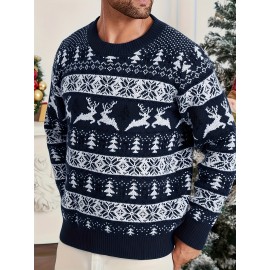 Men's Christmas Knit Sweater - Loose Fit Round Neck Pullover, Traditional Holiday Party Attire, Winter Wedding & Xmas Party Outfit, Cozy Autumn/Winter Sweaters for men, Christmas Gift (Hand Washable)