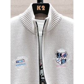 Men'S Thick Warm Winter Jacket with Plush - Geometric Pattern Full-Zip Casual Coat, Stand Collar & Long Sleeve, Grey/Navy, Versatile Outerwear for Everyday & Semi-Formal Occasions, Durable & Comfortable Cold-Weather Coat