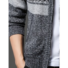 Men'S Winter Warm Jacquard Cardigan Sweater - Full-Zip Stand Collar Long Sleeve Coat with Full-Zip Front Closure, / Contrast, Casual to Formal Outerwear, Regular Fit for Fall & Winter, Versatile Everyday & Formal Wear, Durable Knit Construction