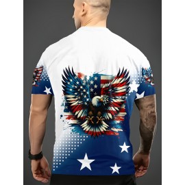 USA Flag 3D Print Casual Men's T-Shirt - 100% Polyester Knit Fabric, Regular Fit, Slight Stretch, 110g/m²