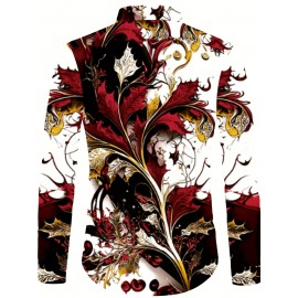 Men'S Slim Fit 3D Floral Print Long Sleeve Shirt - Red/Black/Golden/White/Grey/Blue/Brown, Pointed Collar & Chest Pocket, Machine Washable, Tailored for Business, Evening & Semi-Formal Wear, Spring/Autumn Dress Shirt with Vibrant Floral Pattern