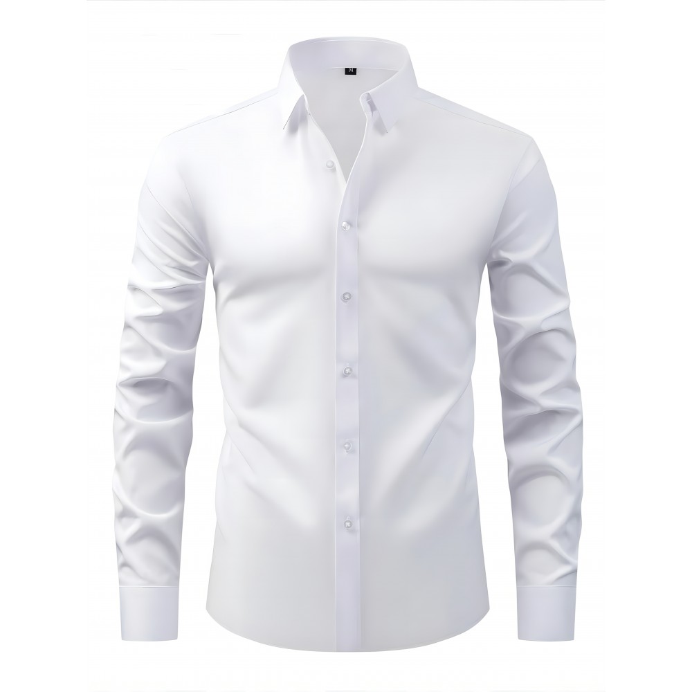 Men'S Polyester Casual Dress Shirt - Solid Color, Button-Up, Lapel Collar, Moderate Stretch, Comfortable Design for All Seasons, 120g/㎡, Casual Wear|Modern Casual Shirt|Sleek Appearance