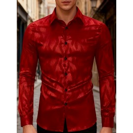 Men'S Red Brocade Shirt - Long Sleeve Slim Fit Business Wedding Party Formal & Casual Shirt with Classic Collar, Non-Stretch Fabric for Office, Events