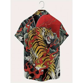 Men's Japanese Ukiyo-e Tiger Shirt - Bold Red & Black Flame Button-Up, Lightweight Non-See-Through Fabric, Regular Fit Casual Shirt for Everyday & Formal Events, Plus Size Available, Summer Outfit, Digital Heat Transfer