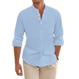 Men's Pink Henley Shirt with Stand Collar - Versatile Long Sleeve Half-Button Tee for Casual & Formal Wear, Smooth Polyester Fabric, Machine Washable, Spring/Fall Essential, Spring Attire | Classic Henley Shirt | Solid Color Shirt