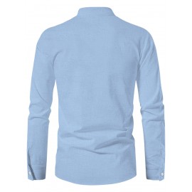 Men's Pink Henley Shirt with Stand Collar - Versatile Long Sleeve Half-Button Tee for Casual & Formal Wear, Smooth Polyester Fabric, Machine Washable, Spring/Fall Essential, Spring Attire | Classic Henley Shirt | Solid Color Shirt