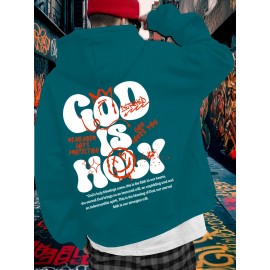[Graffiti Print Hoodie] Warm Casual Graffiti Print Hoodie - Men's 'GOD IS HOLY' Pullover with Drawstring & Kangaroo Pocket for Fall/Winter