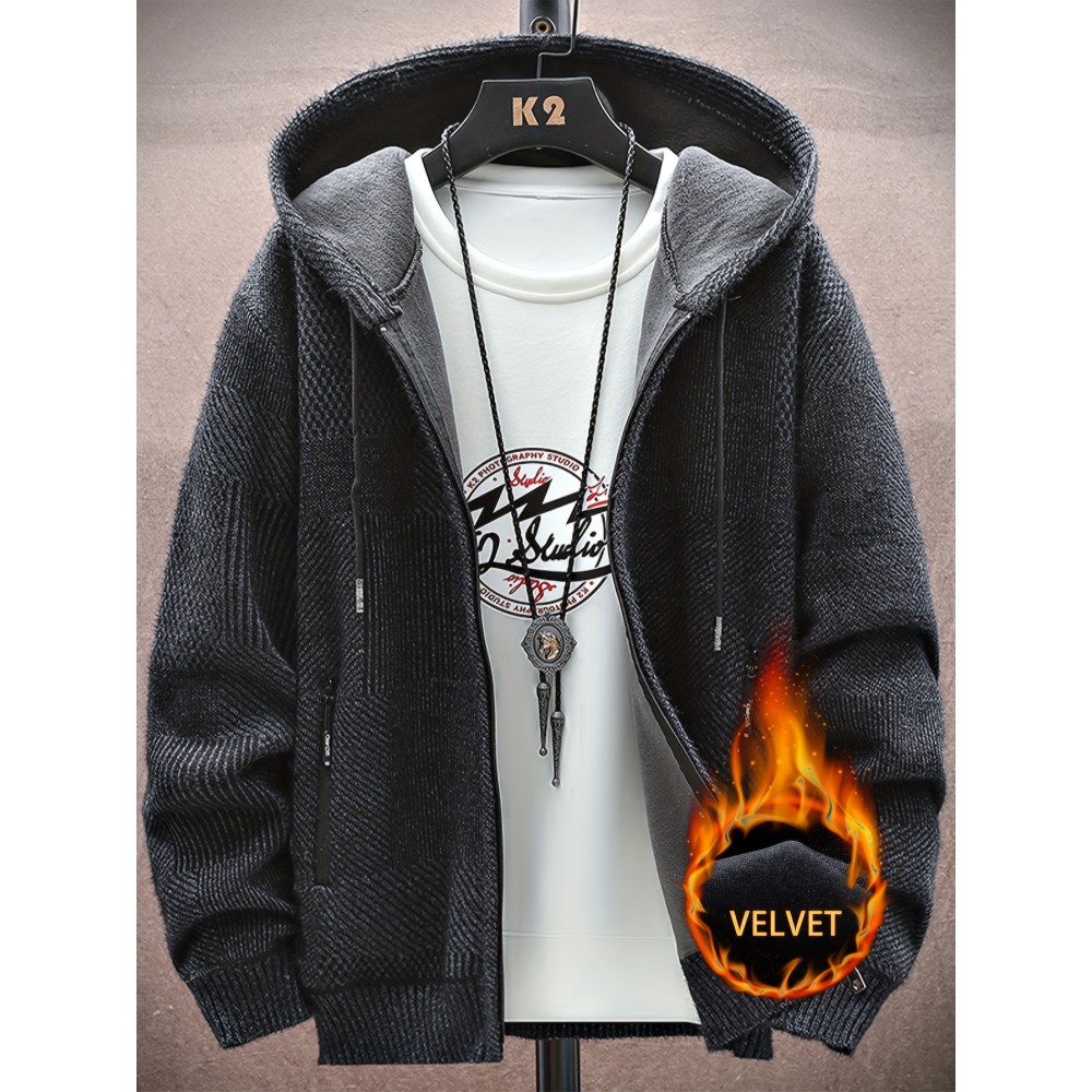 Autumn and Winter New Middle aged Men's Casual Hoodie with Thick Knitted Cardigan and Velvet for Warmth, Autumn Layering, Cold Weather Wear, Classic Hoodie, Relaxed Fit, Durable Stitching, Men’S Cardigan Sweater, Long Sleeve Top, Winter Essentials