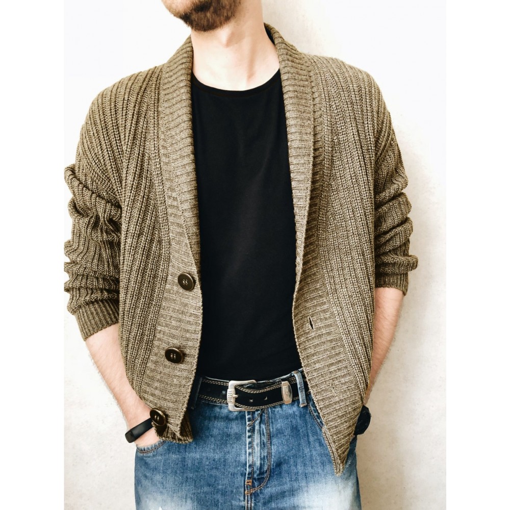 Men'S Oversized Two-Tone Knit Cardigan Sweater - V-Neck Button-Front Closure, Cozy Winter Pullover with Chest Pocket, Slim-Fit Casual Sweater for Coffee Dates & Weekend Outings, Y2K Retro Layered Outfits (Autumn/Winter) - Solid Color Block Design