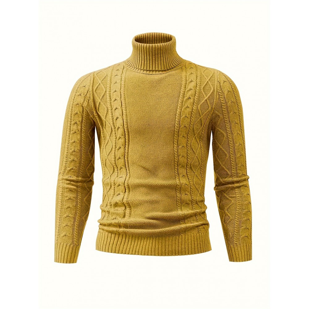 Men's Mustard Yellow High Neck Cable-Knit Sweater - Soft Stretchy Mid-Weight Pullover, Regular Fit Casual & Formal Wear, Hand Wash Only, Classic Comfort for Everyday, Pullover Style, Ribbed Cuffs