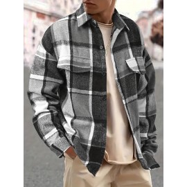 [Vintage Plaid Shirt] Vintage Plaid Shirt for Men | Single-Breasted, Loose Fit, Long Sleeve Casual Top | Black & White Checkered Pattern, Button-Up Front, Nonelastic Fabric | Perfect for Fall/Winter Outings & Casual Wear