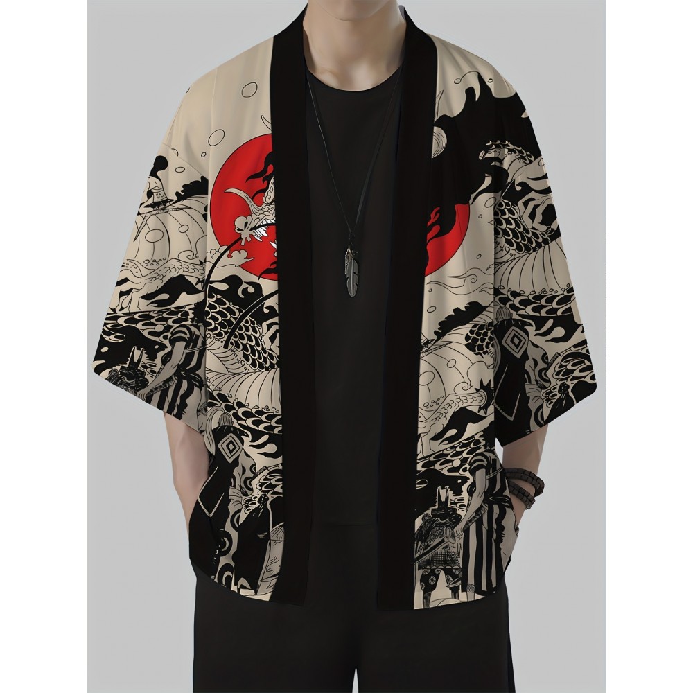 Men's Vintage Dragon Print Kimono Cardigan - Loose Fit, Sun Protection, Polyester, Casual Summer Style, Machine Washable