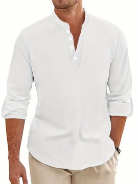 Men's Pink Henley Shirt with Stand Collar - Versatile Long Sleeve Half-Button Tee for Casual & Formal Wear, Smooth Polyester Fabric, Machine Washable, Spring/Fall Essential, Spring Attire | Classic Henley Shirt | Solid Color Shirt